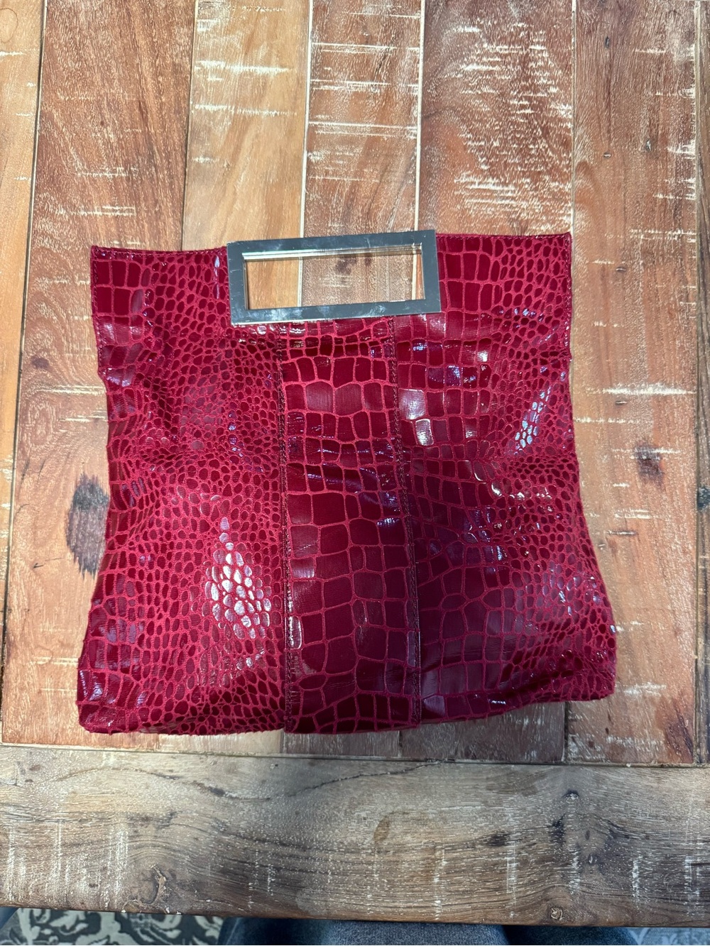 Enzo Angiolini Red Croc Embossed Satin Clutch Bag Metallic Handle Evening Purse